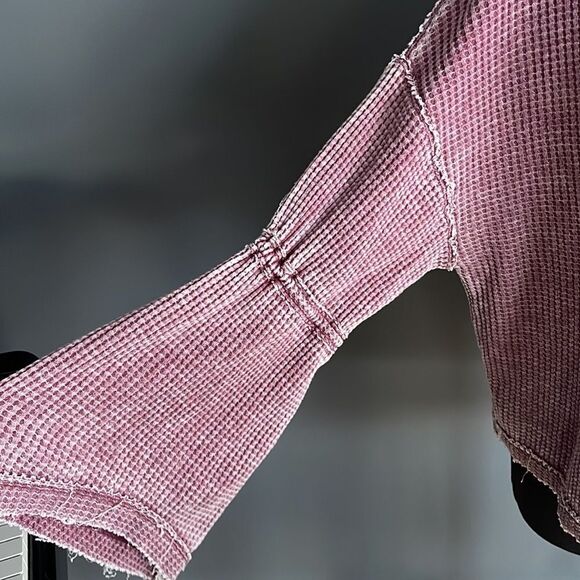 We The Free beet tone burnout sunwashed thermal bell sleeve split neckline top. - Picture 6 of 9